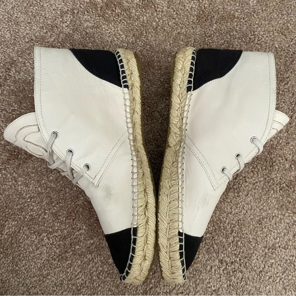 Chanel Two Tone Leather Canvas CC Logo Espadrille Lace Up High Top Sneakers